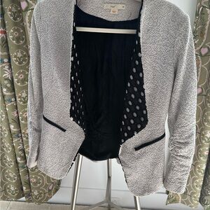 hazel Light Gray Bouclé Open-Front Blazer with Black Trim